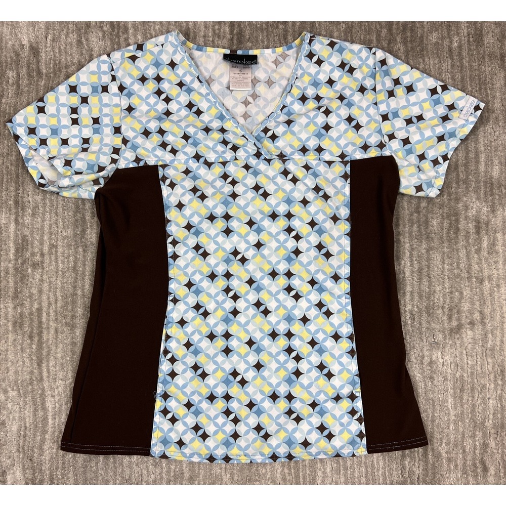 Cherokee Scrub Top Women S Blue Brown Geometric Print V-Neck 2875 GEOD Mock Wrap